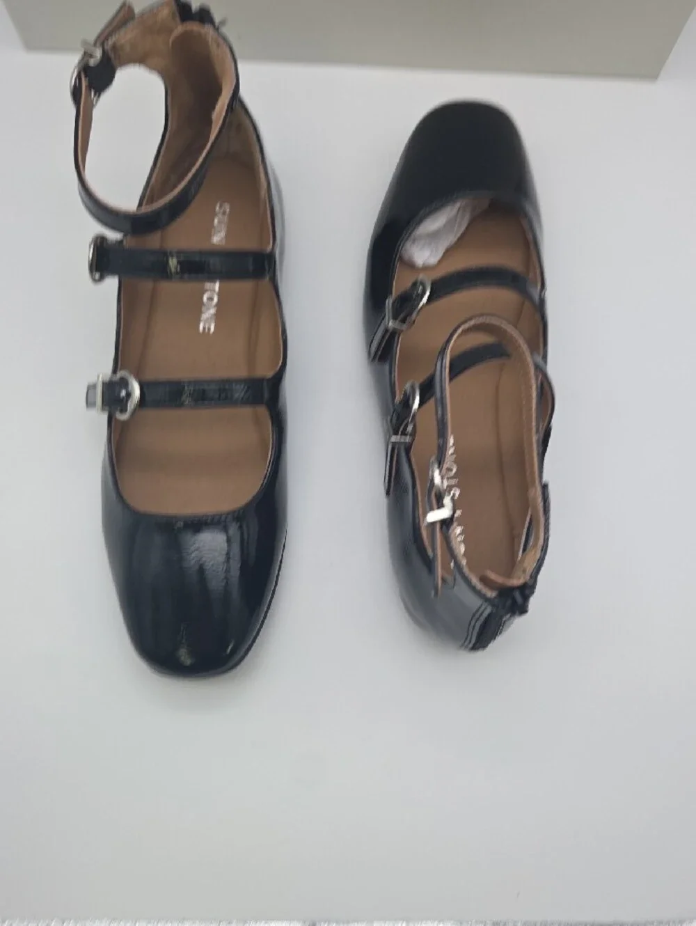 Sun + Stone Black Patent Triple-Strap Ankle Flats